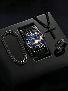 Fashionable and casual business wristwatch+versatile cross steel strap necklace bracelet set Trendy watch set