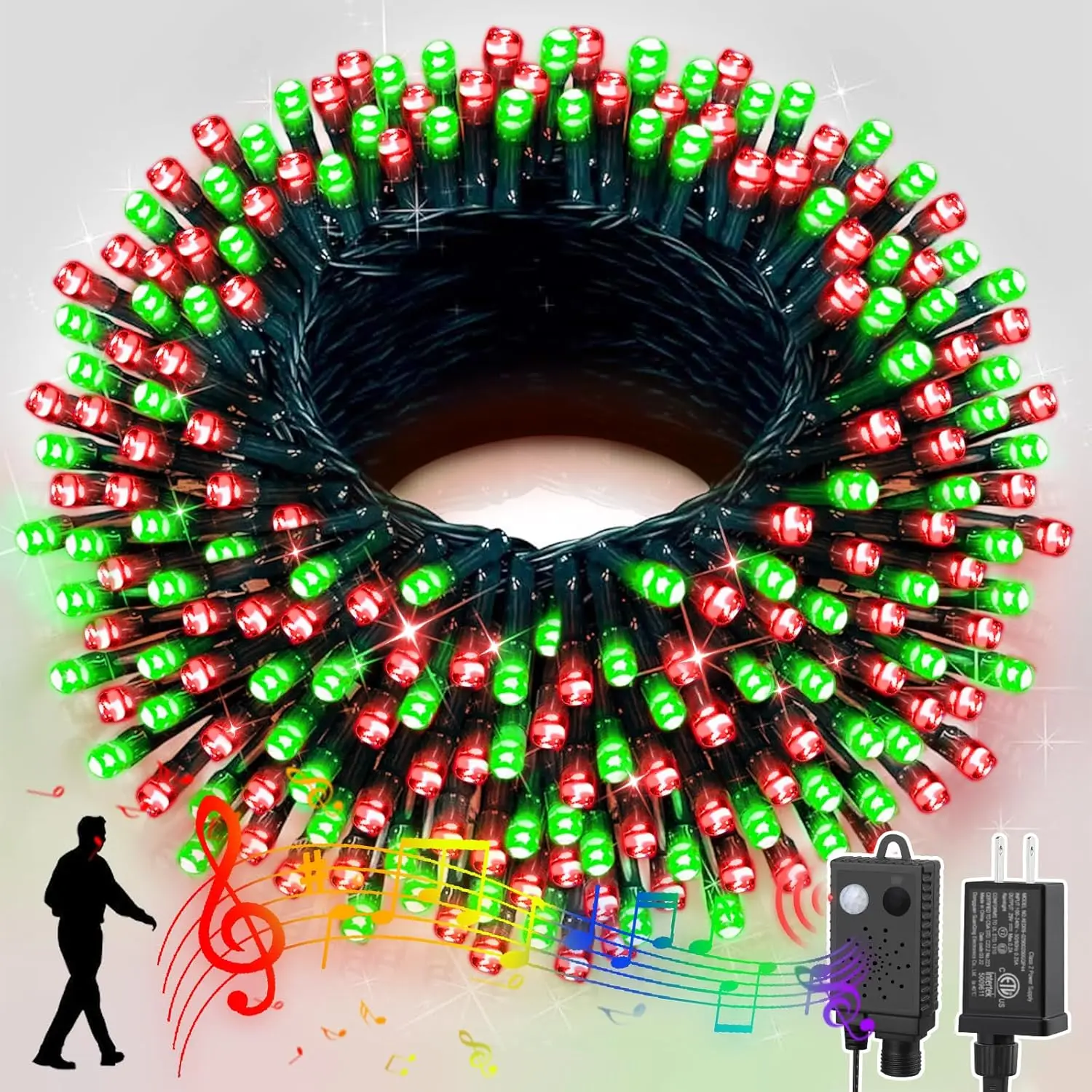 LAMPHOME 66ft Christmas Mini Lights with Music Motion Sensor Controller,200 LED Fairy Starry String Light Plug in for Indoor Outdoor Xmas Tree Wedding Party Decoration (Red Green)