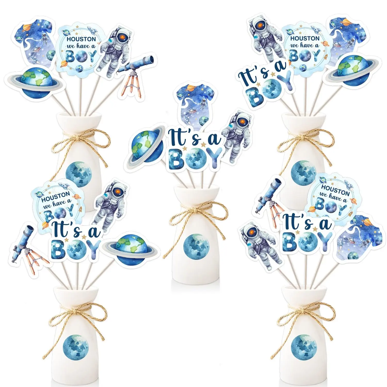 24pcs Boy Space Theme Double-Sided Table Centerpieces, Baby Shower Table Toppers for "Houston We Have a Boy" Decorations, Festive Home Supplies Gifts