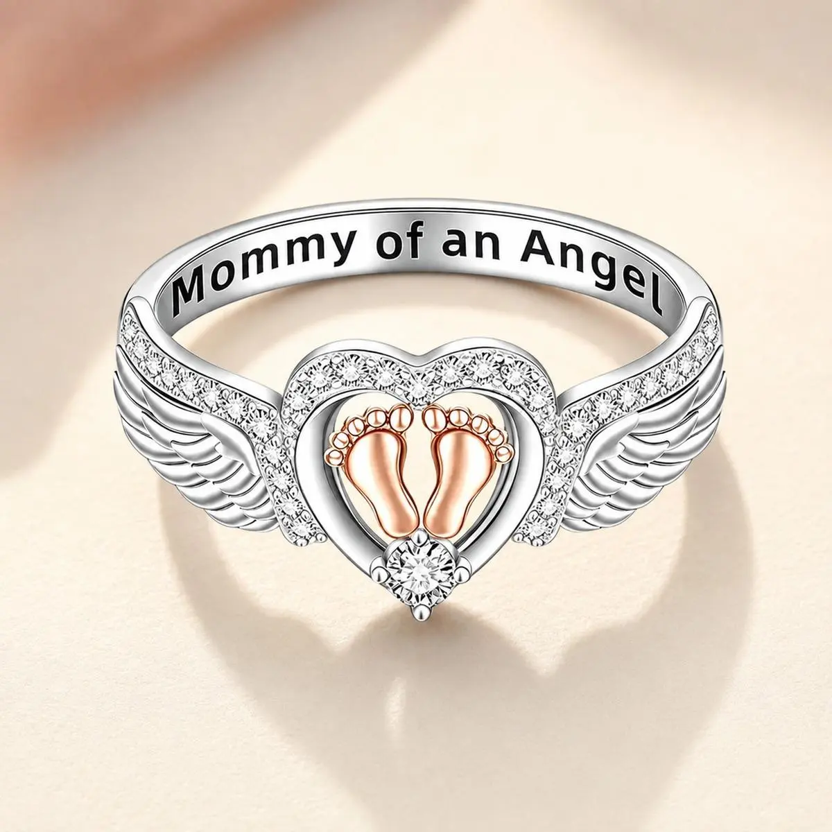Women’s Angel Baby Memorial Ring with Wings, Heart and Rose Gold Footprints, Silver-Tone Commemorative Jewelry, Sizes 6–10