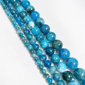 Natural Blue Apatite Gemstone Smooth Round Loose Beads For DIY Jewelry Making Desig Handmade Crafts Bracelet, Necklace, Earrings AAA Quality 15.5 Inches Long, Semi Precious Stone, Spacer beads