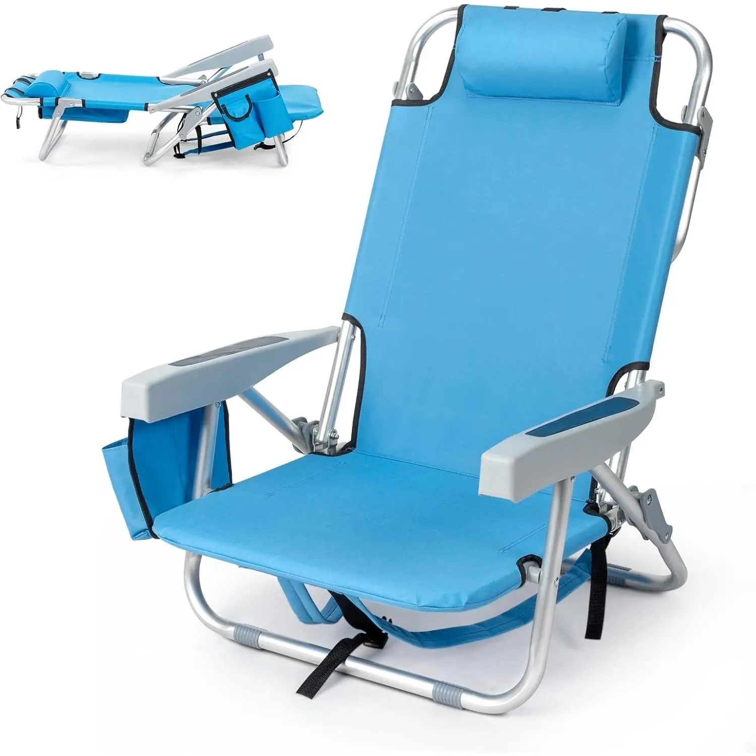 Outvita Backpack Beach Chair, 5 Level Adjustable Positions Beach Chair with Back Storage Bag, Cooler Pouch and Side Bags for Beach Poolside Lawn Summervibes