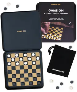 Iron & Glory Magnetic Travel Checkers Set Durable Tin Case with Secure Magnetic Pieces - Compact & Portable Board Game Family Strategy Game with Carry Pouch for Easy On-The-Go Fun