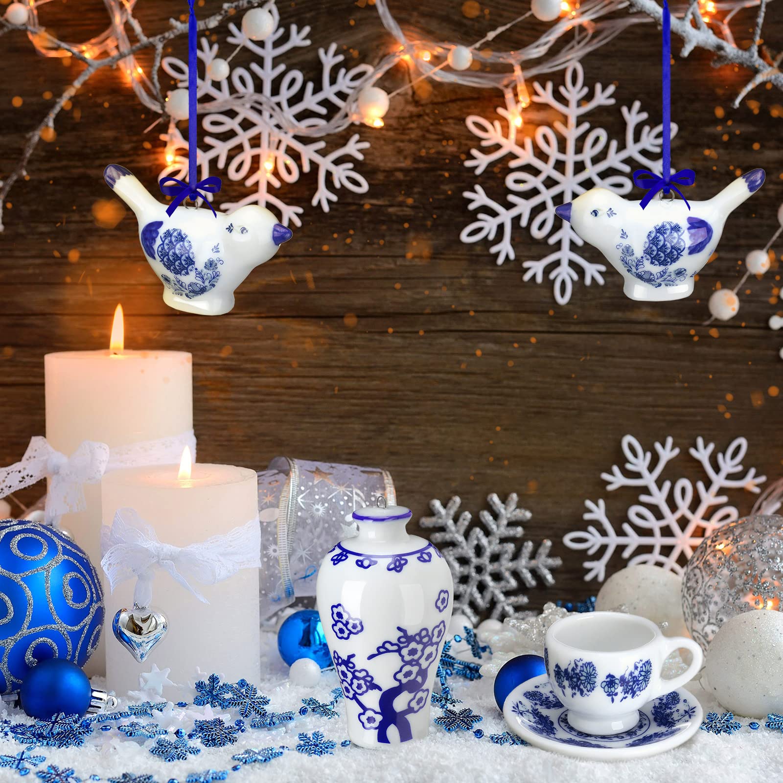 Christmas Clearance Sale Chinoiserie Christmas Ornaments Blue & White Porcelain Ornaments Set Ceramic Fabric Wrapped Christmas Ball Classic Teapot Ginger Jar Hanging Ornament for Xmas Tree Home Birthday Baby Shower Wedding Party Decor Holiday Winter Craft