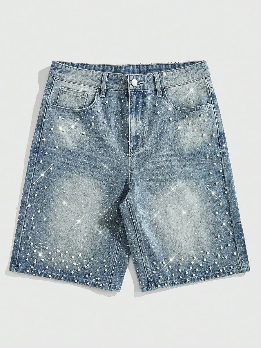 Spring/Summer Men's Casual & Stylish Loose-Fit Denim Shorts with Pearl and Diamond Embellishments Fabric Light Blue