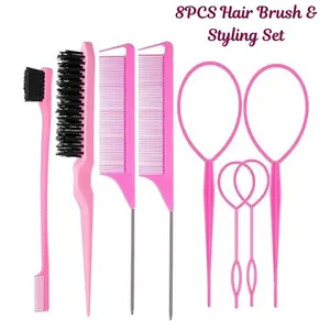 8PCS Hair Brush & Styling Set, Topsy Tail Tools, Teasing Hair Brush, Edge Control Brush, Rat Tail Combs, Hair Braiding Kit for Women Girls, Ponytail Styling Tools Pink