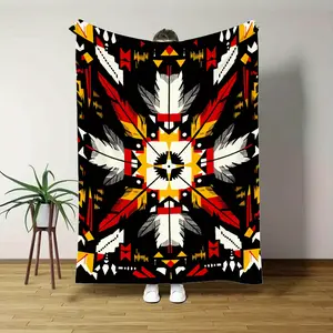 A Single Piece of a Soft And Lightweight Tribal Geometric Blanket Featuring a Southwestern Design in Black, Red, White, Gray, Beige, And Golden Brown. Suitable for All Seasons And Can Be Used on Sofas, Beds, During Camping
