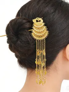 Ethnic Style Step Shake Hair Pin, Dai Golden Phoenix Hairpin, Miao Silver Phoenix Hairpin, Gold Peacock Slimming Leaf Fringe Hair Clip, Barrettes Hair Clips