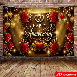 Red Rose Polyester Tapestry Wall Hanging - Golden Heart Intertwined Design, 2D Flat Printed Arch Backdrop, Wedding Anniversary Room Decor, Aesthetic Home Ornament Gift, Arch Backdrop Tapestries