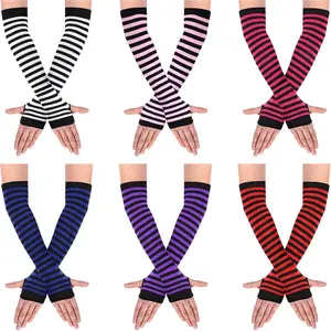 6 Pairs 13 inch Long Fingerless Gloves for Women Knit Thigh High Striped Arm Warmer Thumb Hole Stretchy Gloves Beauty & Personal Care