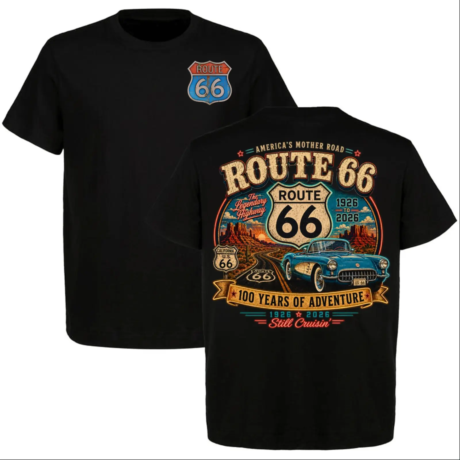 Route 66 100 Years Shirt - 1926-2026 Classic Corvette T-Shirt - America's Mother Road Legendary Highway Front and Back Graphic Tee