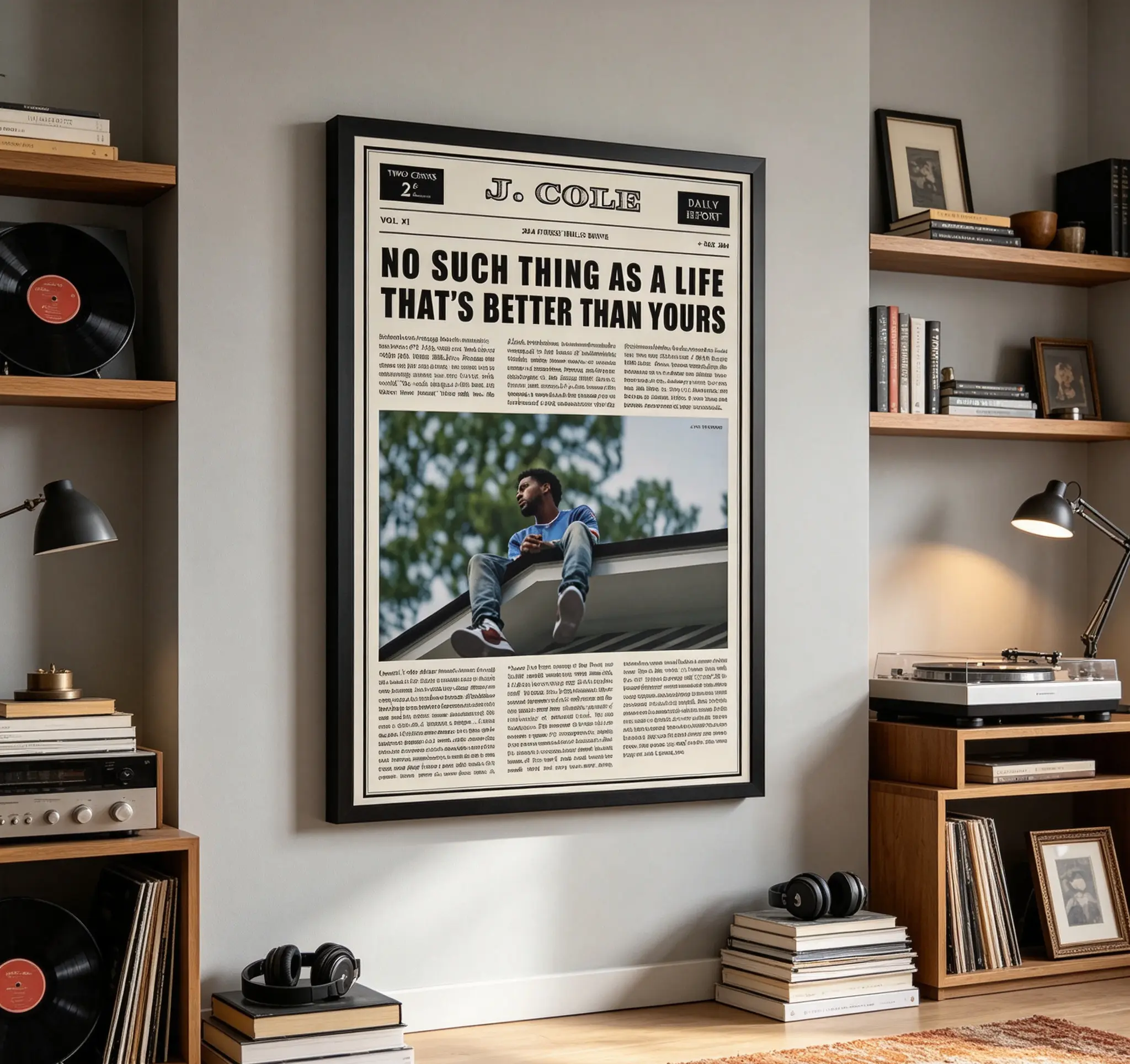 J. Cole Retro Newspaper-Style Canvas Poster, Love Yourz Album Quote Hip-Hop Wall Art, Vintage Music Aesthetic Decor, Waterproof Framed Print for Bedroom & Studio, Thoughtful Gift for Rap Fans