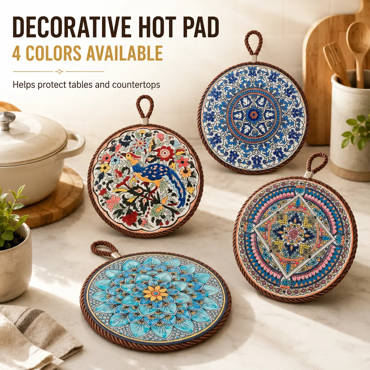Decorative Round Trivet for Hot Dishes, Printed Kitchen Hot Pad with Oak Composite Backing and Hanging Loop for Pots, Pans and Teapots