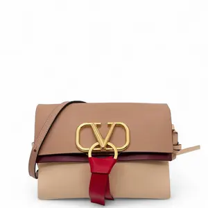 Pre-owned Valentino Leather Shoulder Bags Small V Ring Crossbody Bag Calfskin Burgundy Light Pink Red (0603m7)