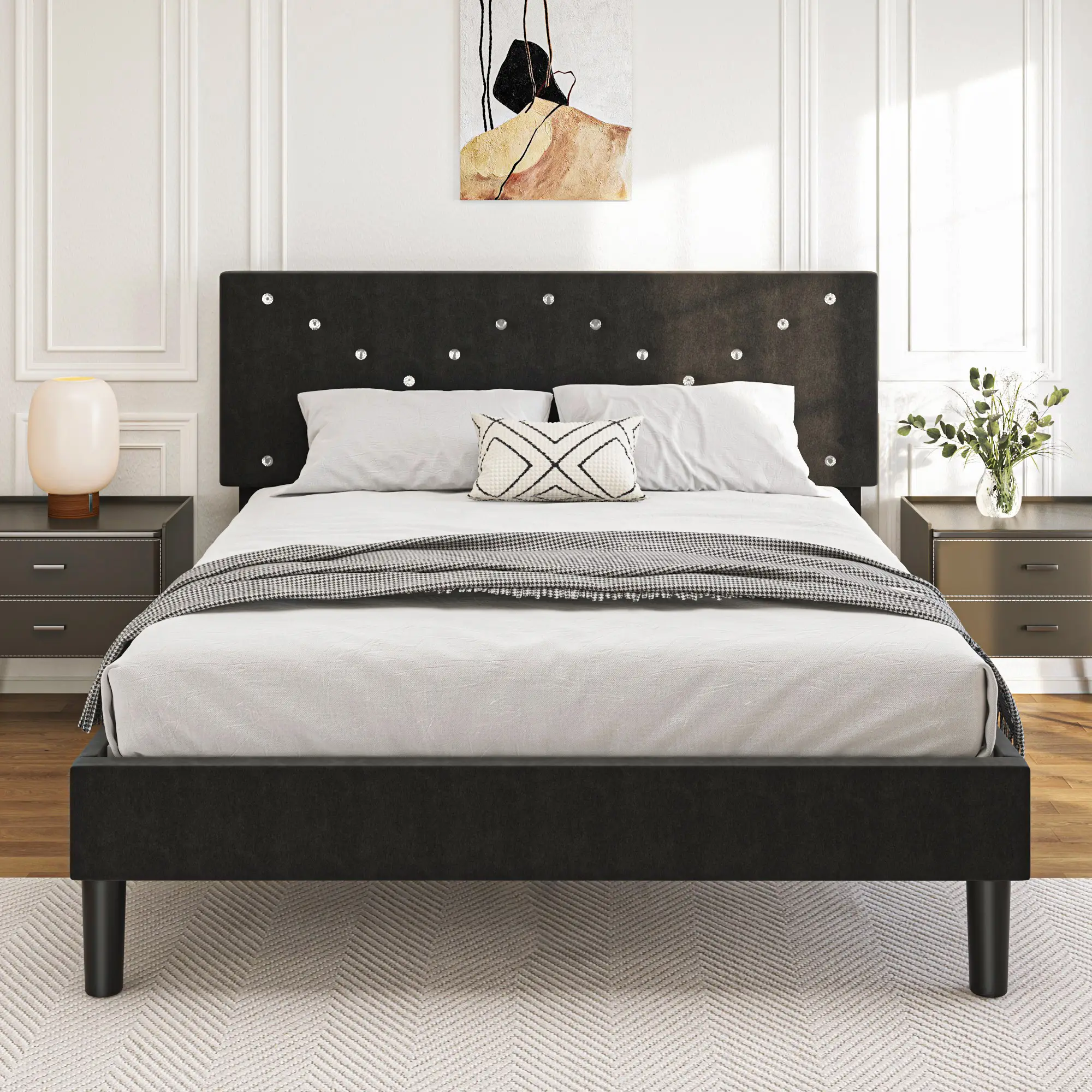 Upholstered Platform Bed Frame with Headboard, Noise Free Bed Frame with Wood Slats, Button Tufted, No Box Spring Needed Elegant