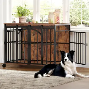 37.4"  Crate Furniture with Wheels, Wooden Pet Cage Indoor with Barn Door, L  Kennel Heavy Duty, Decorative Pet Crate for Small/Medium Dogs, End Table TV Stand, Rustic Brown DFC86201B