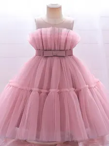 Girl's Solid Belted Tulle Dress, Princess Seraphina Dress, Elegant Sleeveless Round Neck Party Dress For Birthday Party Wedding Guest Photo Shoot, Kids Clothing For All Seasons