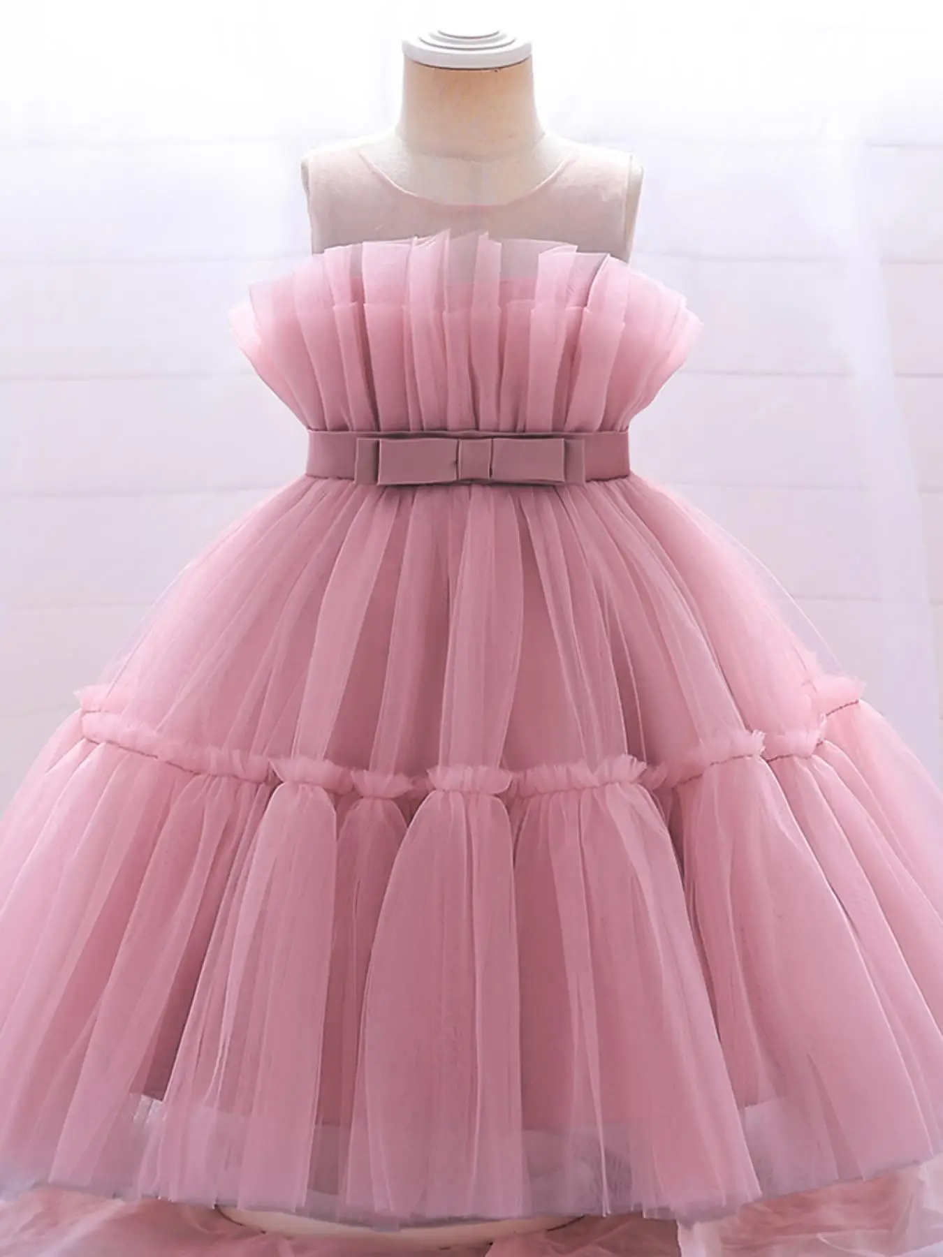 Girl's Solid Belted Tulle Dress, Elegant Sleeveless Round Neck Party Dress For Birthday Party Wedding Guest Photo Shoot, Kids Clothing For All Seasons