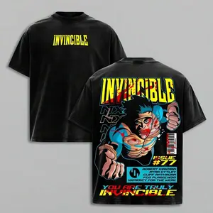 Retro Washed Black Oversized T-Shirt, "INVINCIBLE" Text & Bruised Superhero Comic Print Casual Short Sleeve, Unisex Streetwear for Men & Women, Loose Fit for Outdoor & Daily Wear