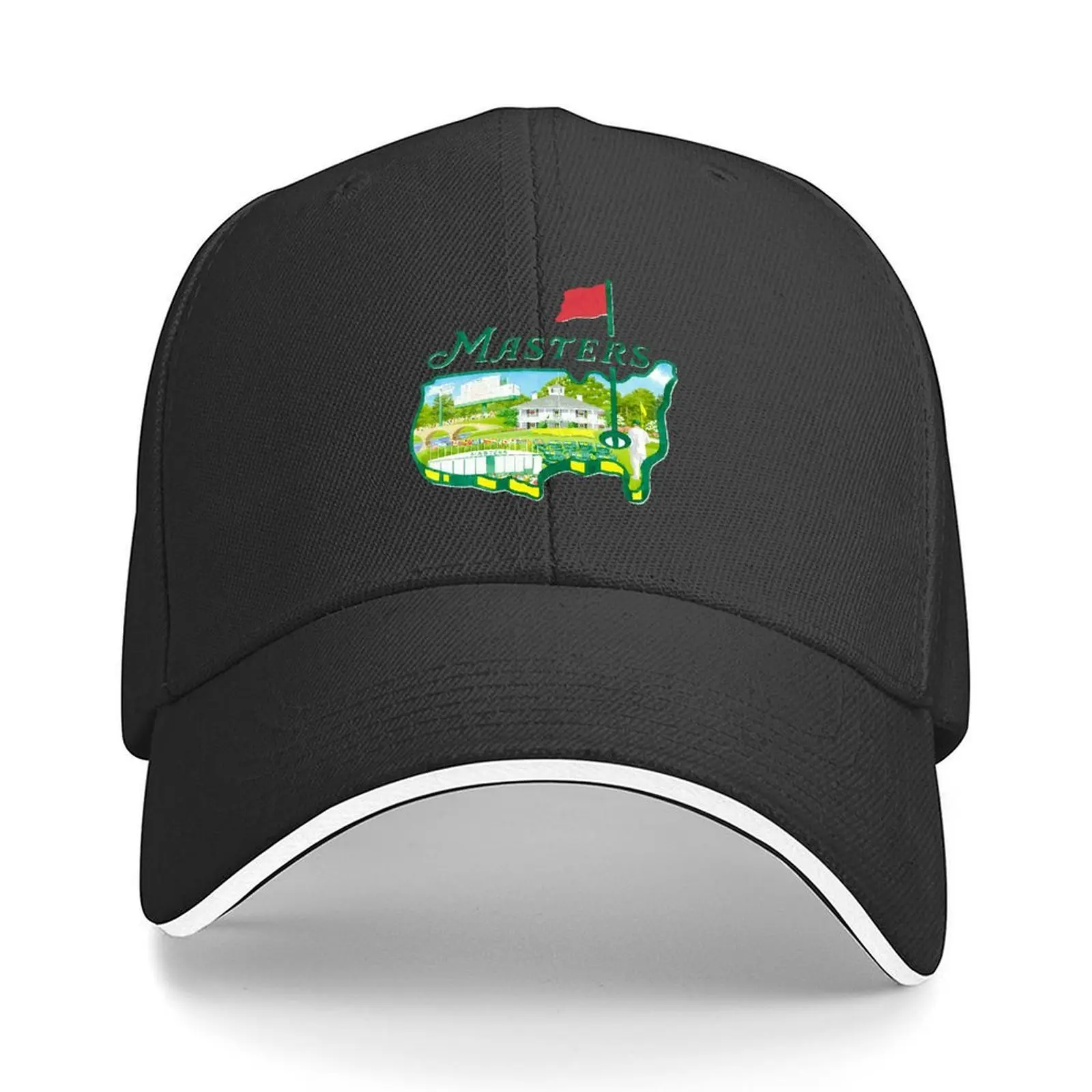 [Adjustable Golf Cap] 100% Polyester Adjustable Golf Tournament Baseball Cap |   Black with Vibrant Green Masters Logo & Golf Course Design |   Sporty Casual Hat for Golf Enthusiasts, Sun Protection & Style