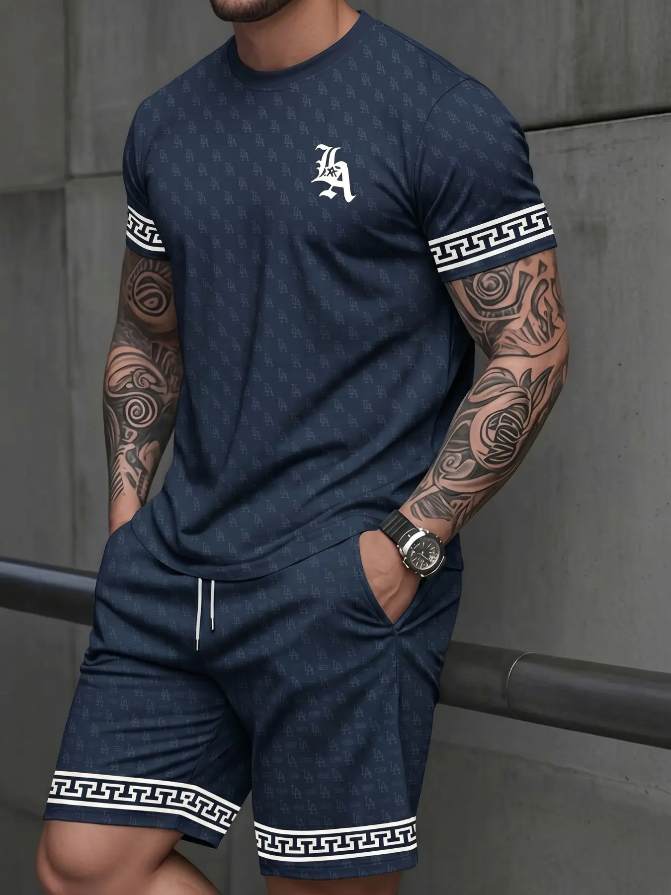 Men's Retro Greek Key Pattern Two-Piece Set: Casual short-sleeve T-shirt and elastic drawstring shorts. Made from ultra-stretchy, breathable fabric, perfect for summer streetwear. Los Angeles-inspired patterned top. Ideal for vacations, the beach, and str
