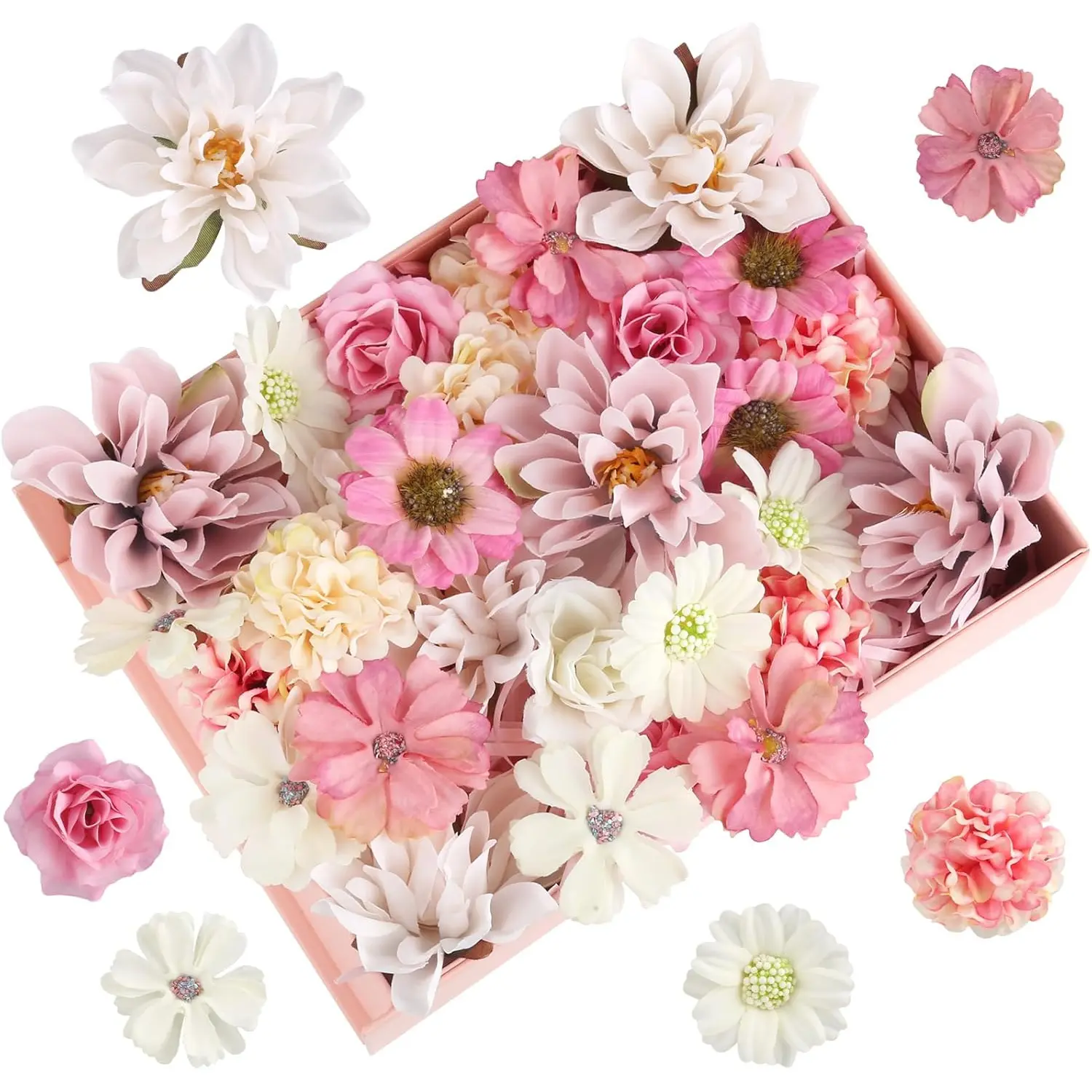 30pcs Decorative Artificial Flower Bouquet Set - 5-Color, 4.5-8 cm Silk & Plastic Ornaments with Hollow Stems, Mixed Styles (Dahlia, Chrysanthemum, Ball Daisy, Rose) for Bedroom, Office, Balcony Decoration, DIY Projects
