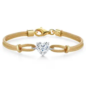 18K Gold Plated Two Tone Sterling Silver White Moissanite and White Lab Grown Diamond Bracelet For Women | 1.84 Cttw | Heart Shape 8MM | 6.5/7/7.5 Inches | Made In Italy