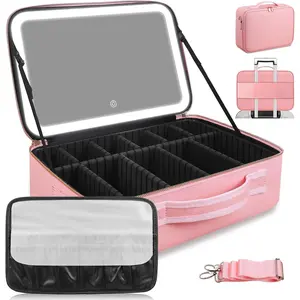 15''X11'' Large Capacity Makeup Bag with LED Mirror Professional Makeup Case Organizer with 3 Color Light Adjustable Brightness Travel Cosmetic Case with Detachable Dividers & Shoulder Strap