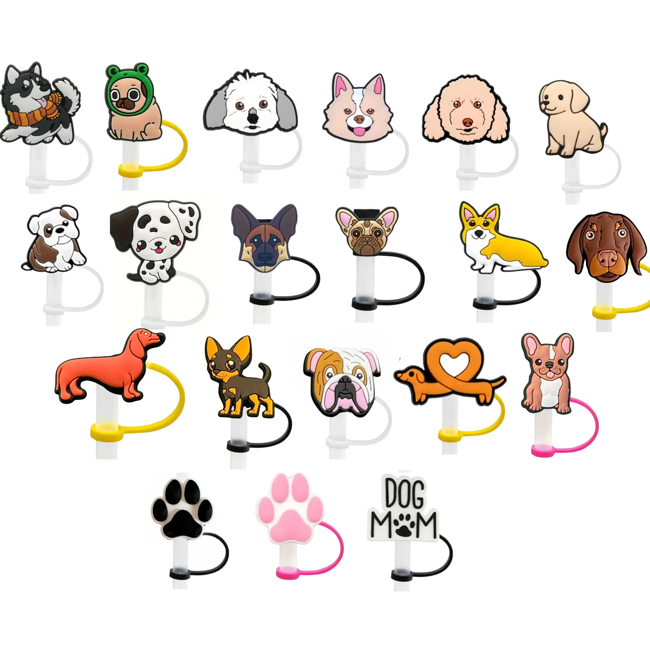 Dog Straw Cover   22 Different Dogs    2 Sizes Available   Standard 6-8mm XL 10mm Diameter Straws    Silicone   Drinkware   Dog Mom  Paws   Weiner   Dalmatian   Bulldog   Corgi   Frenchie   Husky   Poodle   Straw Topper