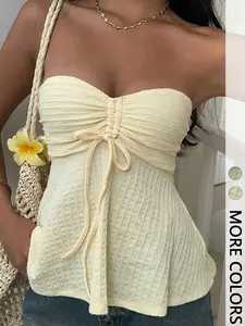 Yellow Knitted Bandeau Fitted Sleeveless Top For Women, Minimalist & Fashionable, Suitable For Summer