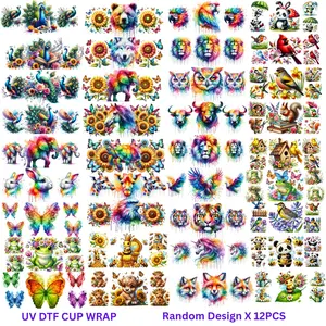 12 Random Animal UV DTF Cup Stickers, Decal Sticker, Art Stickers, Safari Wildlife Theme for 16 Oz Glass Cups, Lion Elephant Giraffe Horse Cow Wolf Turtle Designs