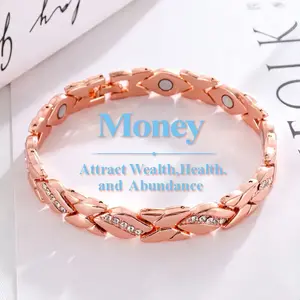 Women's Money Attraction Bracelet, Health bracelet，leaf-shaped pure copper magnetic bracelet,set with diamonds, effective magnetic force 3500 gauss, Valentine's Day gift