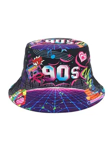 Vintage Hip-Hop 80s 90s Digital Print Bucket Hat - Lightweight, Stylish Fisherman Hat for Men and Women, Ideal for Parties and Outdoor Activities, Perfect Gift, Machine Washable Polyester, Everyday Headwear | Vibrant Print Hat | Durable Headgear, Bucket H