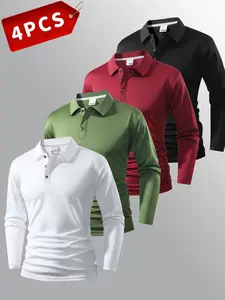 4 Pieces Long Sleeve Knitted Fitted Polo Shirts for Men, Classic Solid Design, Multi-Color Options, Perfect for Golf, Weekend Outings and Business Casual