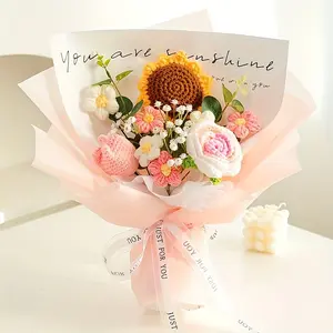 Flower Design Handmade Crochet Bouquet 1 Count Creative Wrapped Artificial Flowers Perfect for Birthday Proposal Thank You Gift