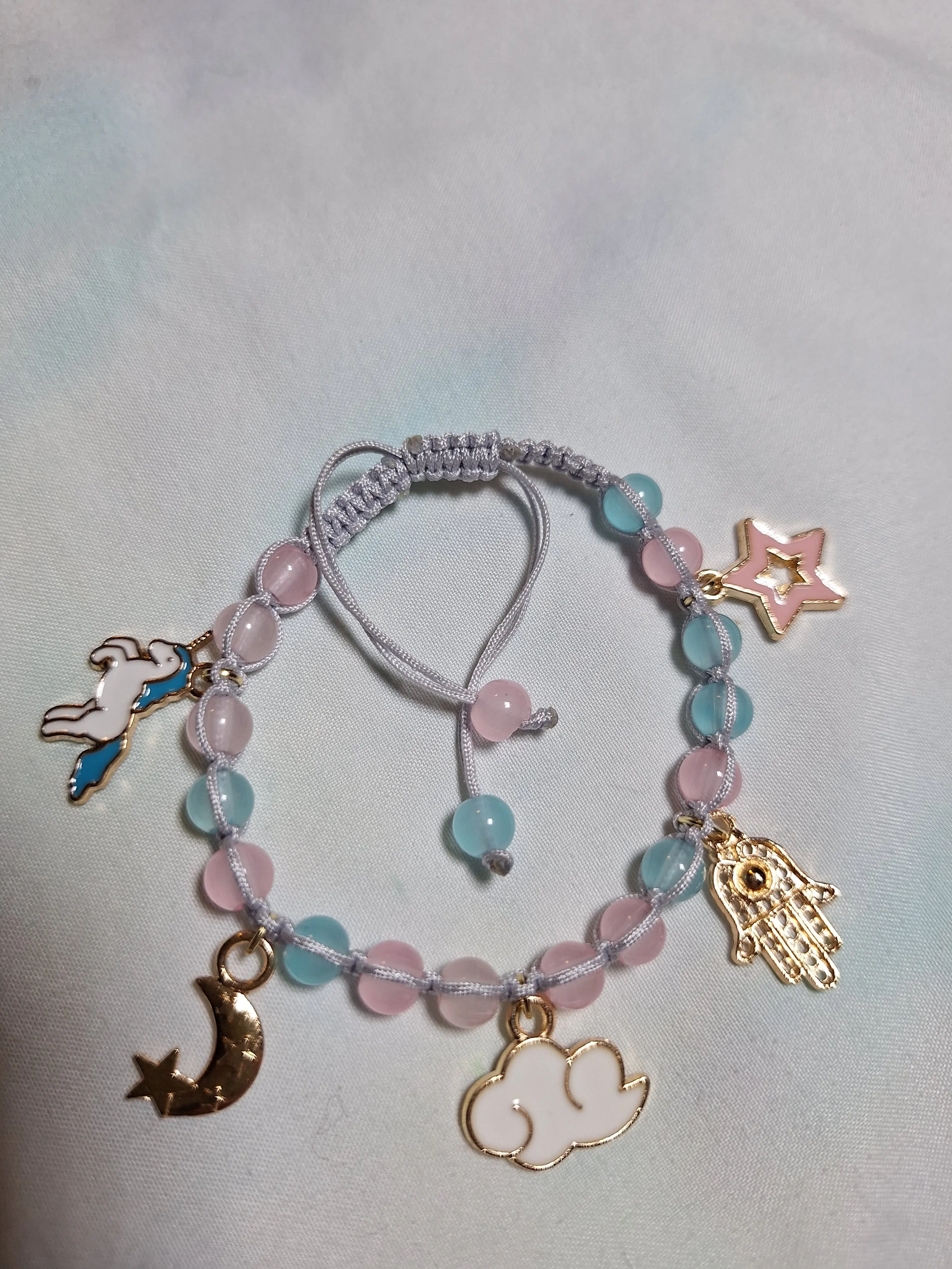 Handmade Macrame Bracelet - Magical Unicorn with Moon, Cloud, Star & Hamsa Charms