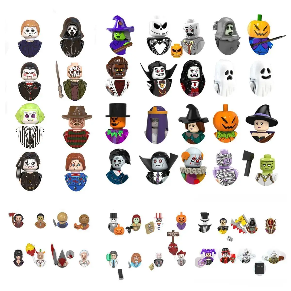Halloween Theme Collectible Building Bricks & Parts Set (KF6173, WM6101, WM6102, TP083, LB04, LB05) - 4.5cm ABS Mini Action Figures for Birthday Party Setup Collectibles