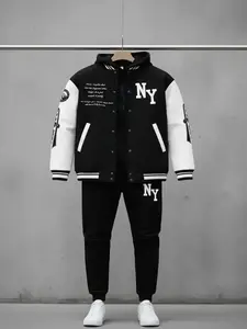 Two-Piece Set Men's Colorblock Letter Print Button Front Jacket & Drawstring Waist Sweatpants, Regular Fit Casual Long Sleeve Outerwear & Pocket Jogger Pants for Daily Wear, Men's Outfits for Fall & Winter