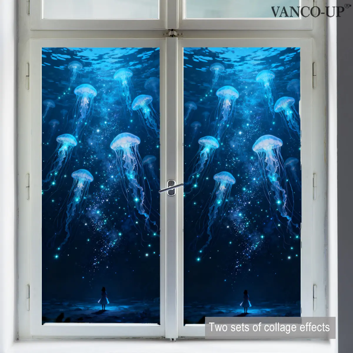 A new 2D flat blue underwater dreamy jellyfish static sticker (100*45cm) with double-sided visibility, suitable for window display, home decoration - window stickers, double-sided visible, D20846-KR