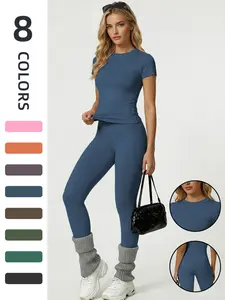 Women's Yoga 2-Piece Set, Breathable Short Sleeve Tee & High Waist Tight-Fit Pants, Sporty Style, All-Season Wear, Yoga Outfit Set, Casual Workout Loungewear
