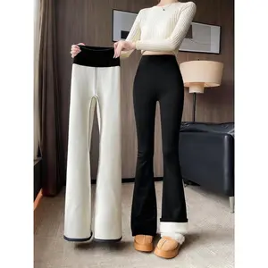Women’s high-waisted wool-lined flared pants, warm slim-fit leggings, autumn and winter casual wear, stretchy and warm bottoms GARMENTARY