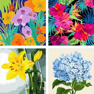 SupaDiya Framed with Easel 4 Pcs DIY Paint by Numbers Kit for Adults Beginners, Flowers Easy Acrylic Watercolors Oil Number Painting Art on Canvas with Easel for Home Wall Decor and Gift 8x8inch