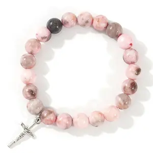 Shinus Boho Pink Zebra Jasper Healing Crystal Bracelet Stainless Steel Jesus Cross Faith  Handmade Stretch Bracelet Gift for Women Gift for her