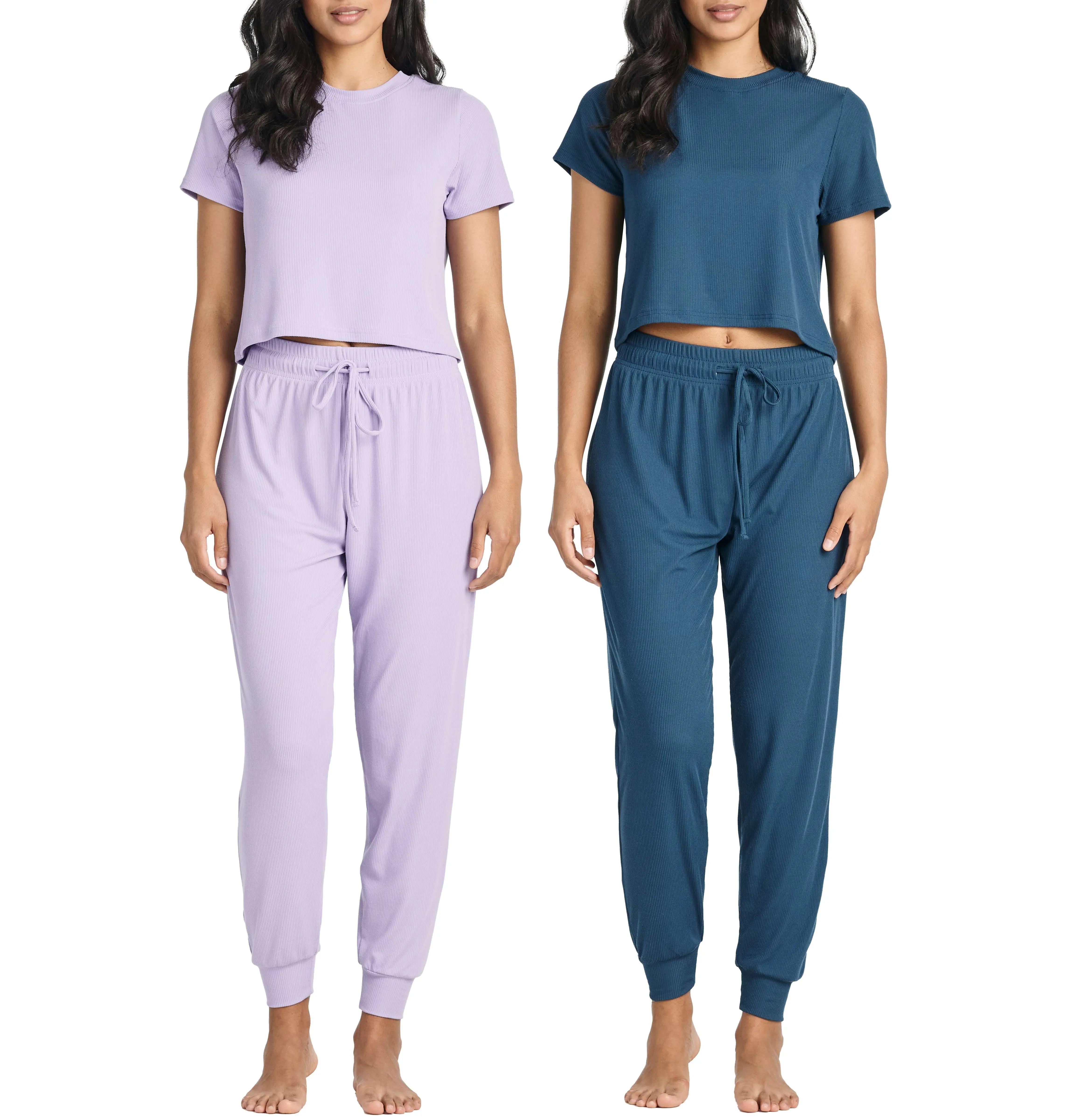 Real Essentials 2 Pack: Women's Pajama Set – Soft Lounge Short Sleeve Crop Top & Jogger Pants PJs