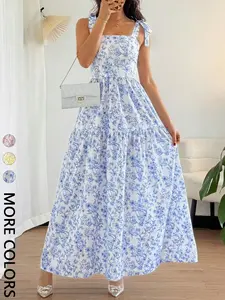 1 Spring Summer Blue Floral Tie Shoulder Maxi Dress Women | Smocked Back Tiered Flowy Long Dress | Coastal Granddaughter Old Money Style for Vacation Wedding Guest Brunch