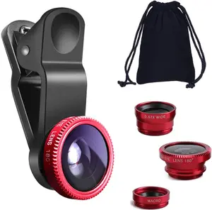 3 in 1 Universal Fish Eye Lens, Macro Clip Lens Wide-Angle Camera Lens Kit for iPad iPhone Samsung Android and Most Smartphones (Red)