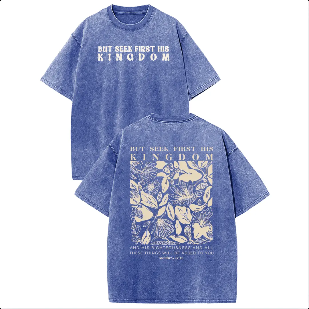 Vintage "Seek First His Kingdom" Lemon Washed T-Shirt, Retro Matthew 6:33 Floral Christian Graphic Tee, Casual Loose Short Sleeve Top 2026 New Color Scheme summervibes