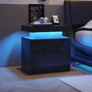 Nightstand LED Bedside Table Cabinet Lights Modern End Side with 2 Drawers for Bedroom (Black Gold) Decorative Storage Space