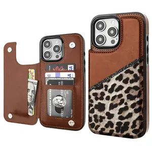 Stylish leopard print Pattern Phone Cases,Compatible For SAMSUNG GALAXY S22 S23 S24 ULTRA PLUS Premium Leather Flip Wallet with Card Bag Holder Women Gift ,Black Brown Pink,  Shockproof Anti-Drop Full Protection Cover Shell Casing