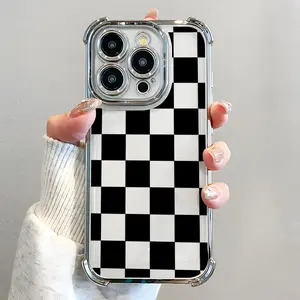 Black Checkered Pattern Phone Case Electroplated Cover with Airbag Shockproof Slim Soft TPU Cover for iPhone 11-16 Pro Max Plus Stylish Durable Smartphone Protection